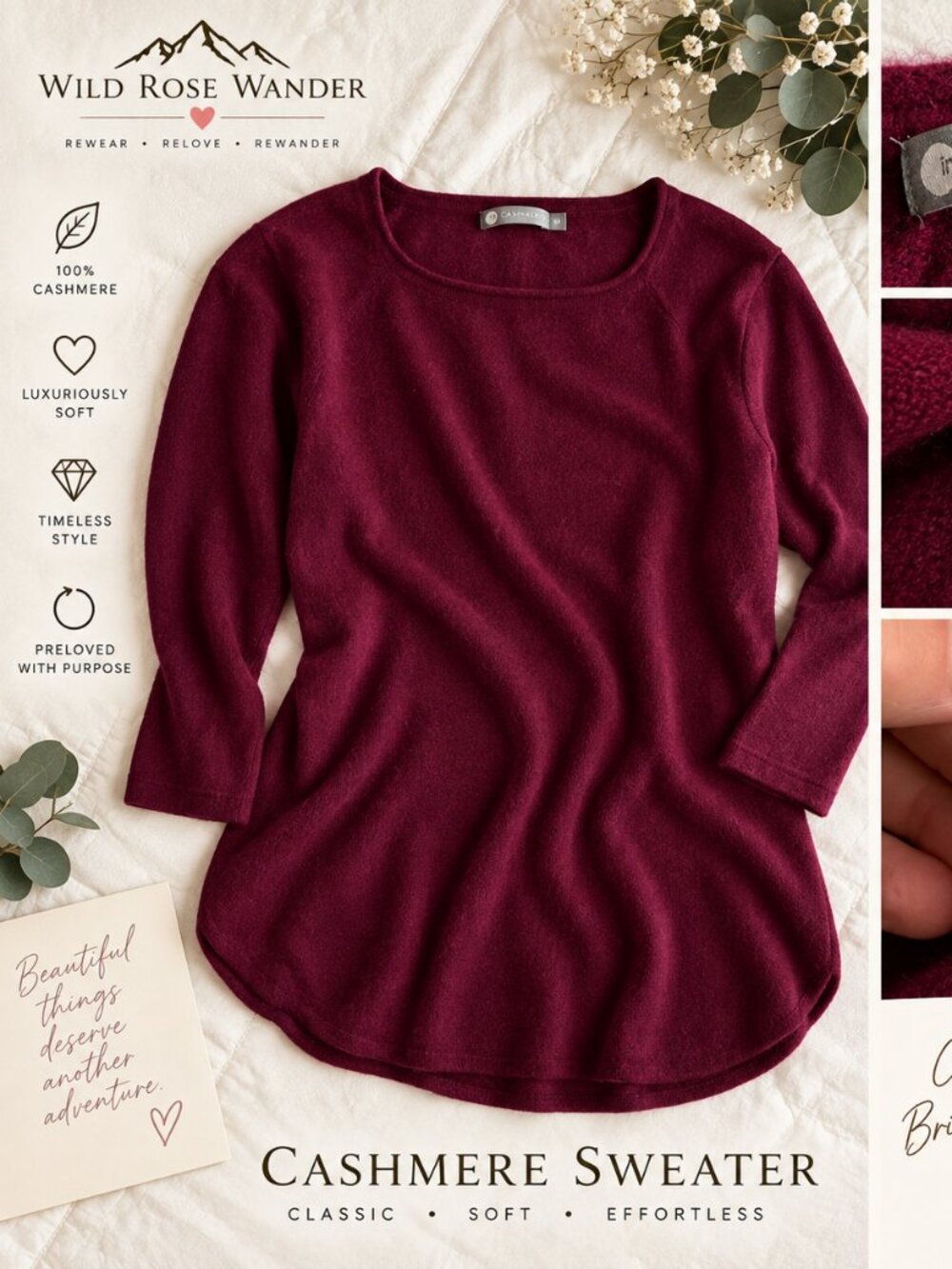 InCashmere 100% Cashmere Burgundy Tunic Sweater Medium